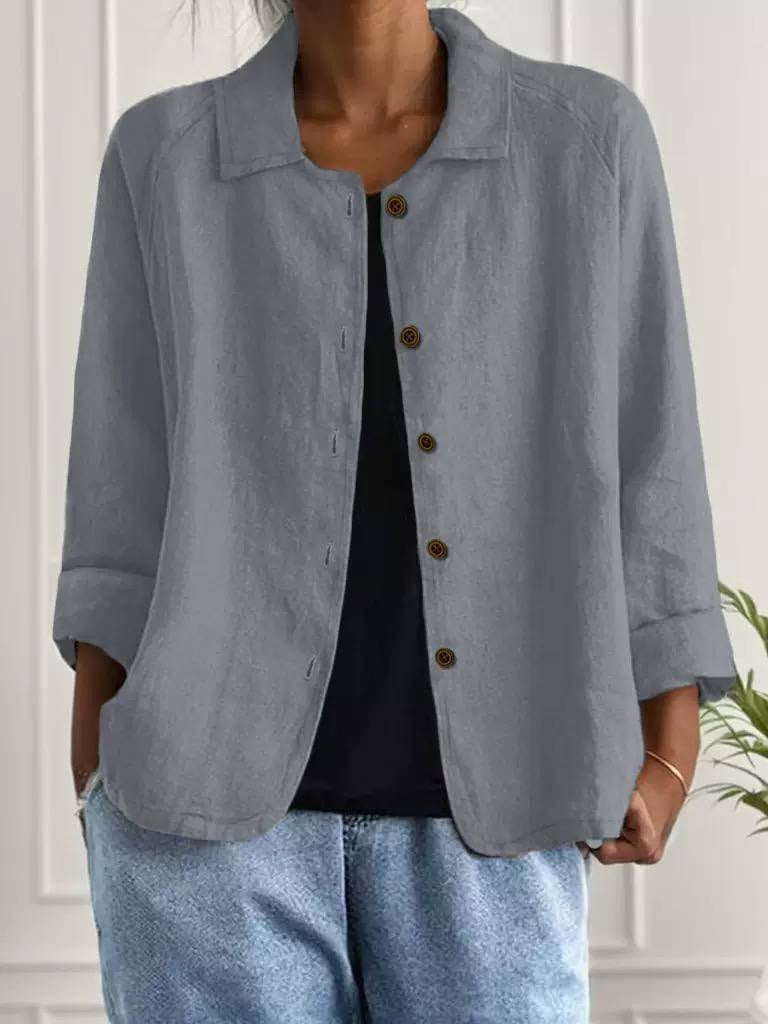 Relaxed Button-Front Collared Jacket With Turned-Up Cuffs – Grey