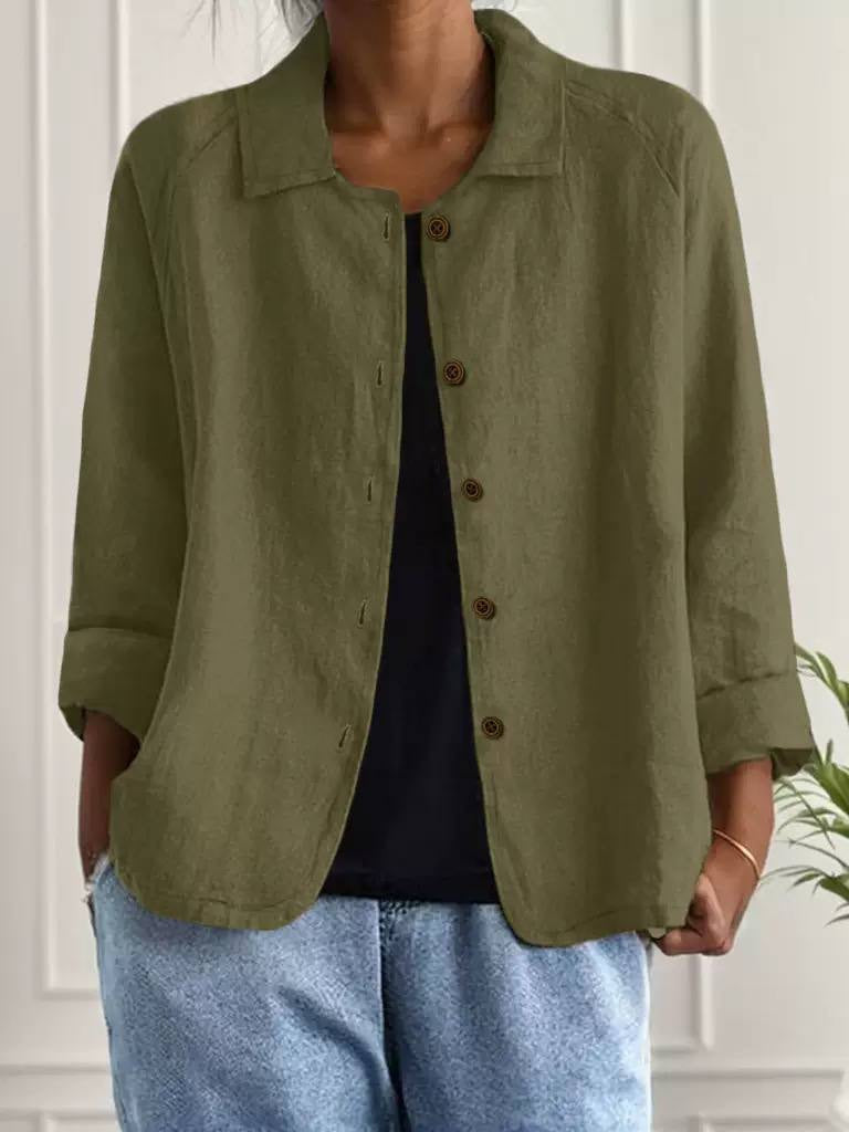Relaxed Button-Front Collared Jacket With Turned-Up Cuffs – Olive