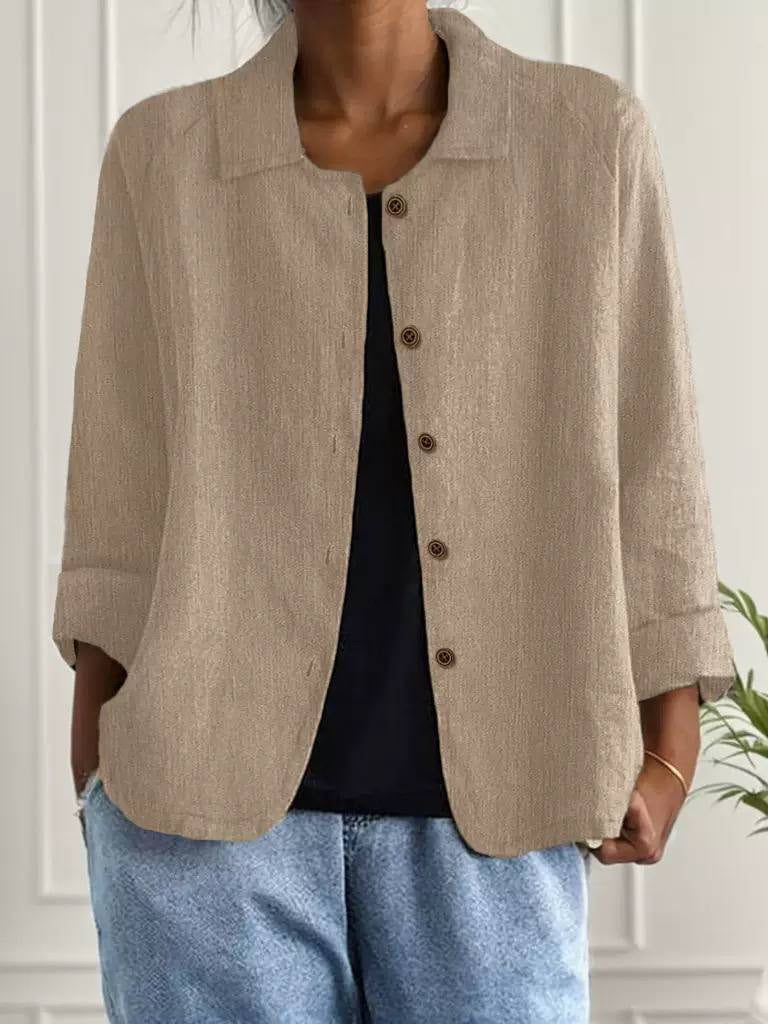 Relaxed Button-Front Collared Jacket With Turned-Up Cuffs – Beige