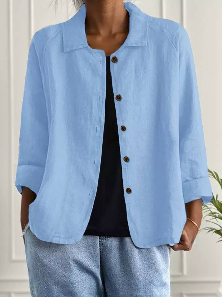 Relaxed Button-Front Collared Jacket With Turned-Up Cuffs – Light Blue