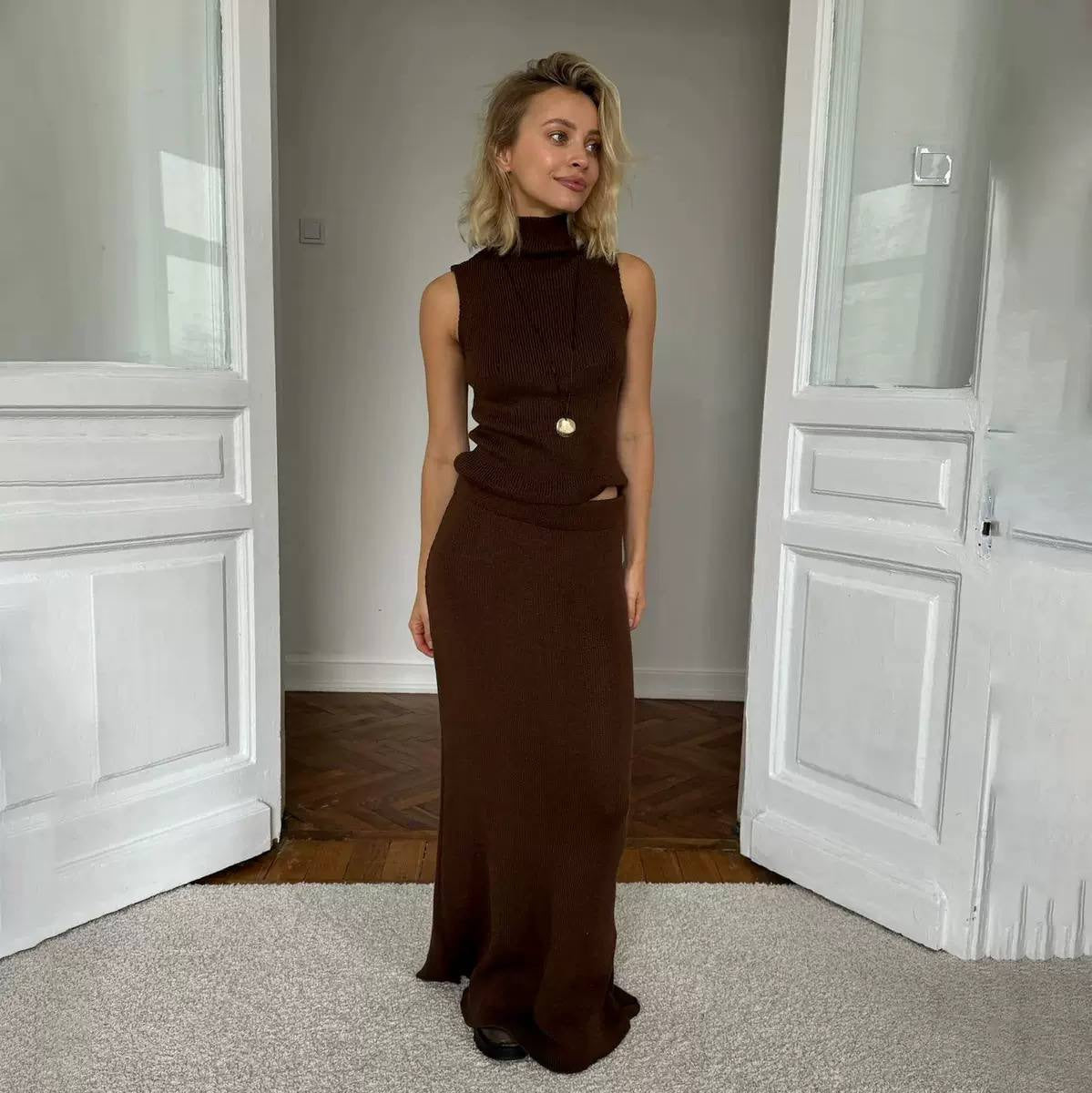 Sleeveless High Neck Top and Maxi Skirt Set – Brown