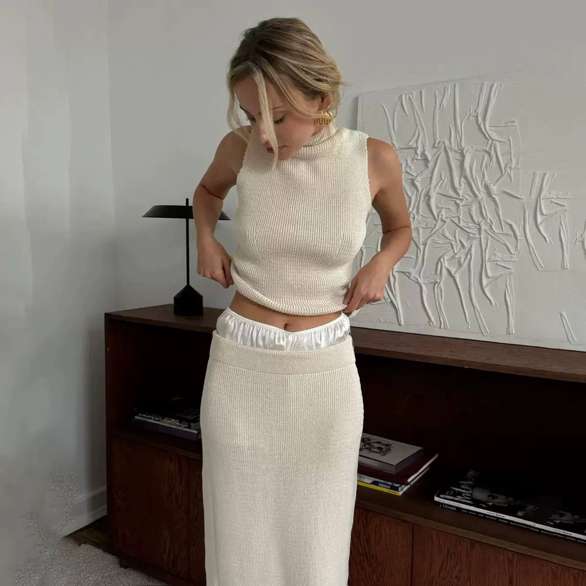 Sleeveless High Neck Top and Maxi Skirt Set – Cream