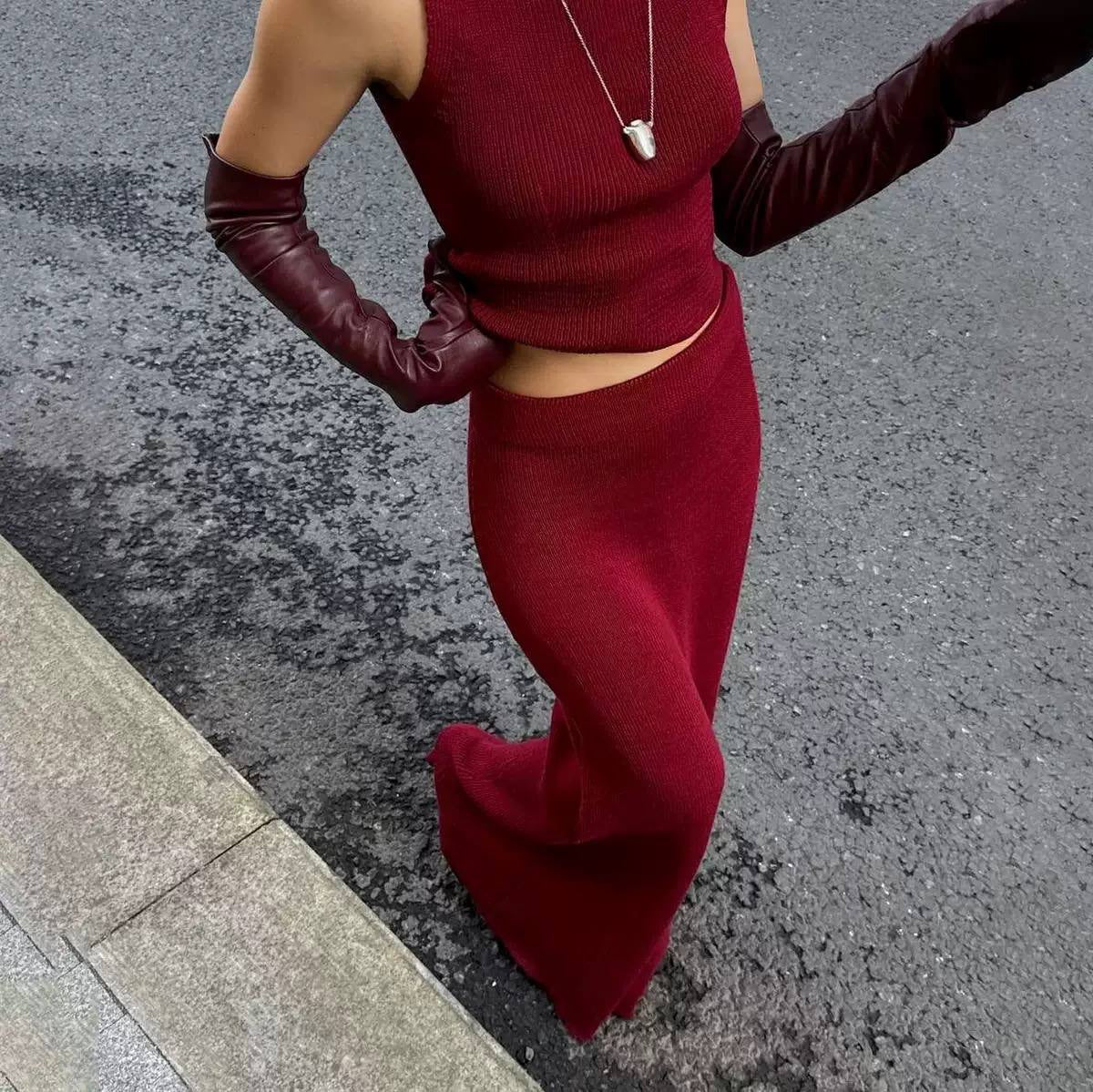 Sleeveless High Neck Top and Maxi Skirt Set – Burgundy