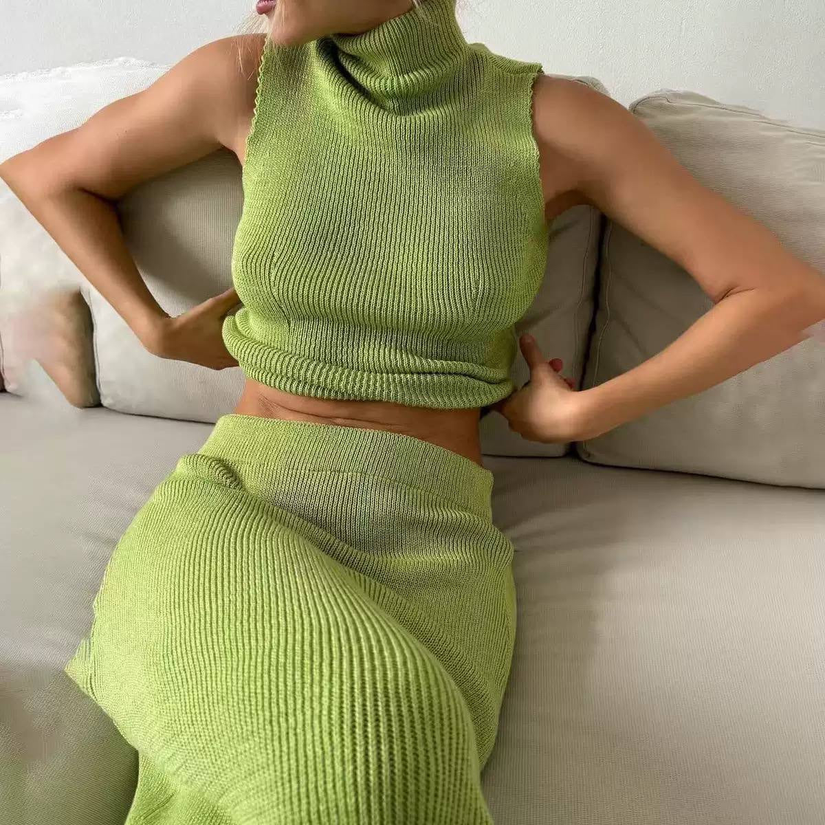 Sleeveless High Neck Top and Maxi Skirt Set – Green
