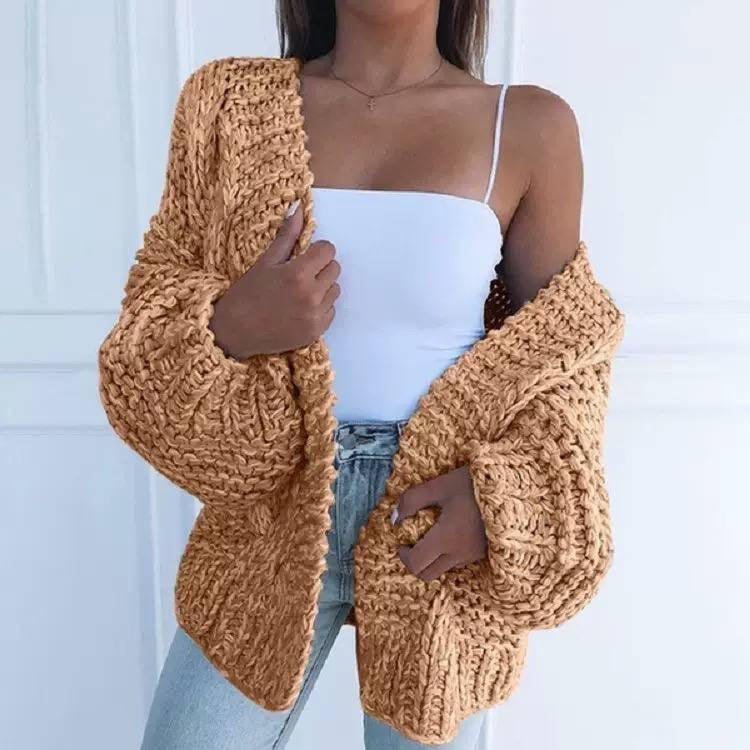 Oversized Chunky Knit Open-Front Cardigan With Balloon Sleeves – Tan