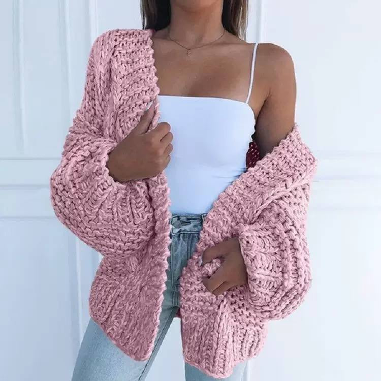 Oversized Chunky Knit Open-Front Cardigan With Balloon Sleeves – Pink