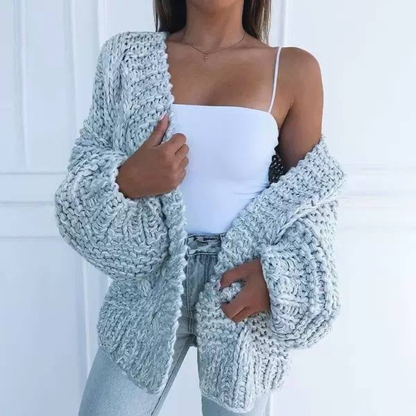 Oversized Chunky Knit Open-Front Cardigan With Balloon Sleeves – Light Grey