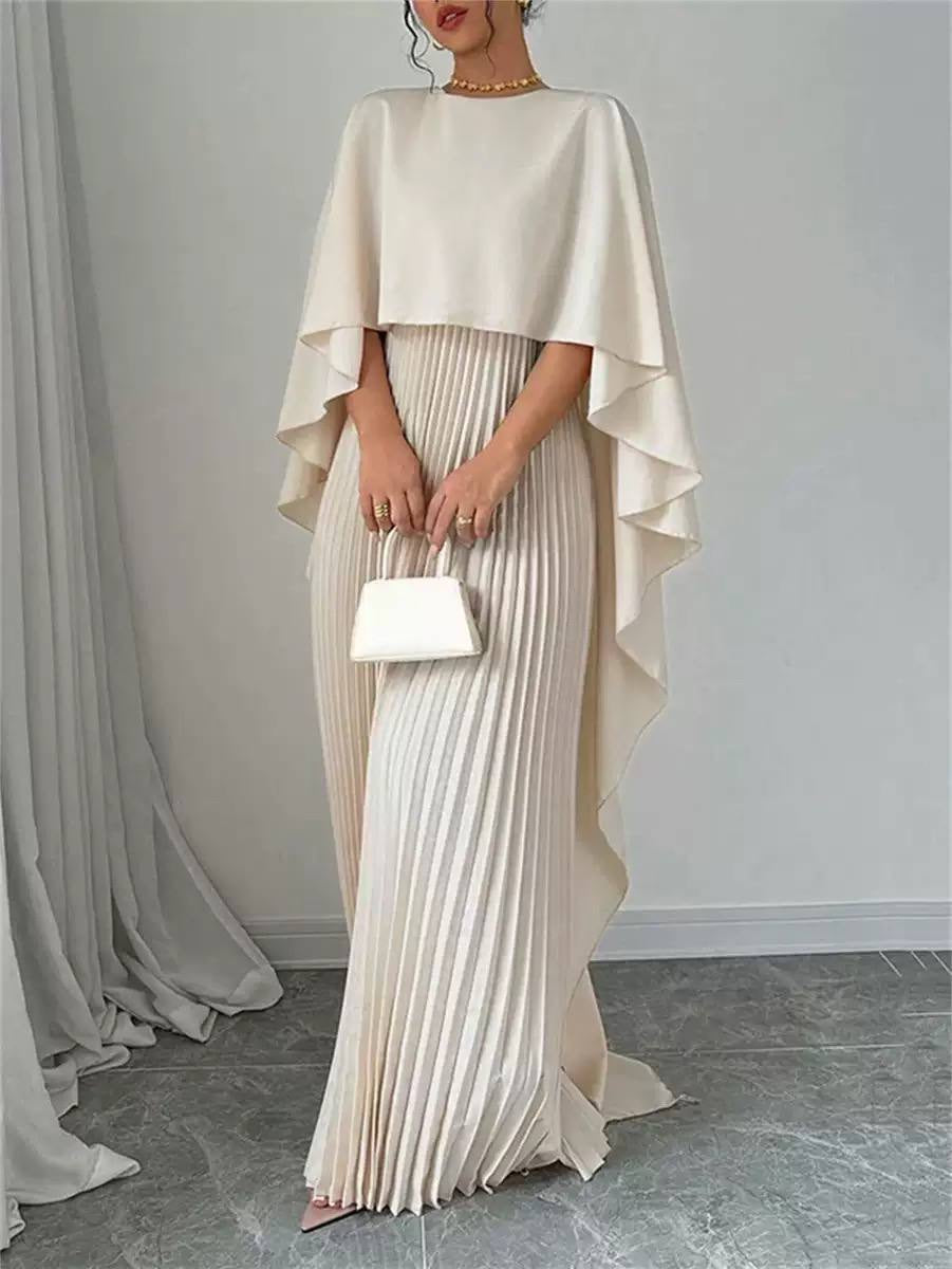 Pleated Maxi Dress With Cascading Cape Overlay – Ivory
