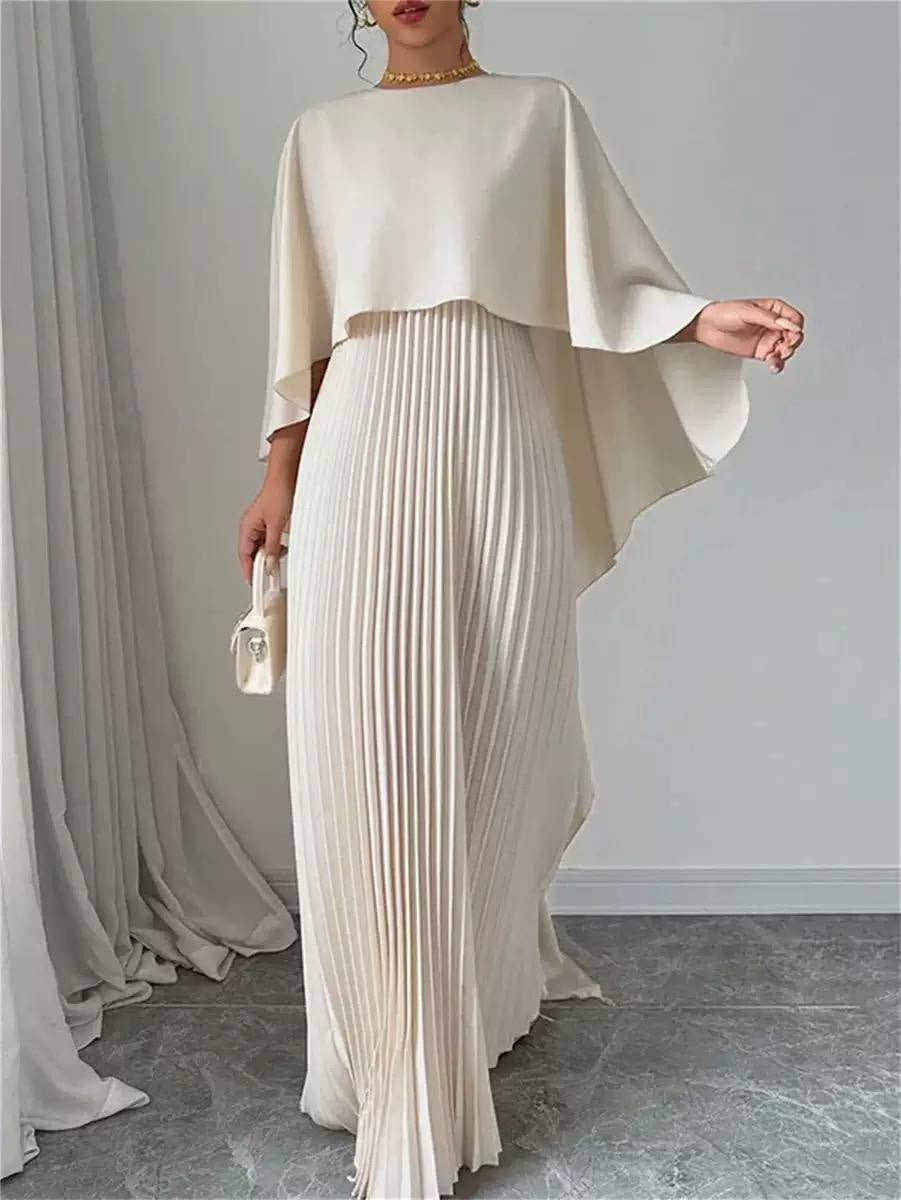 Pleated Maxi Dress With Cascading Cape Overlay – Ivory