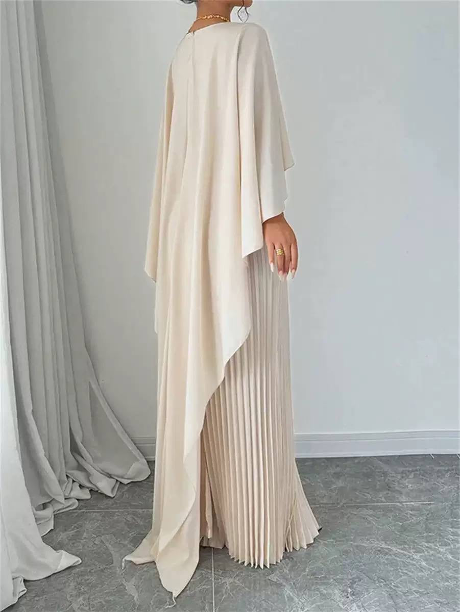 Pleated Maxi Dress With Cascading Cape Overlay – Ivory