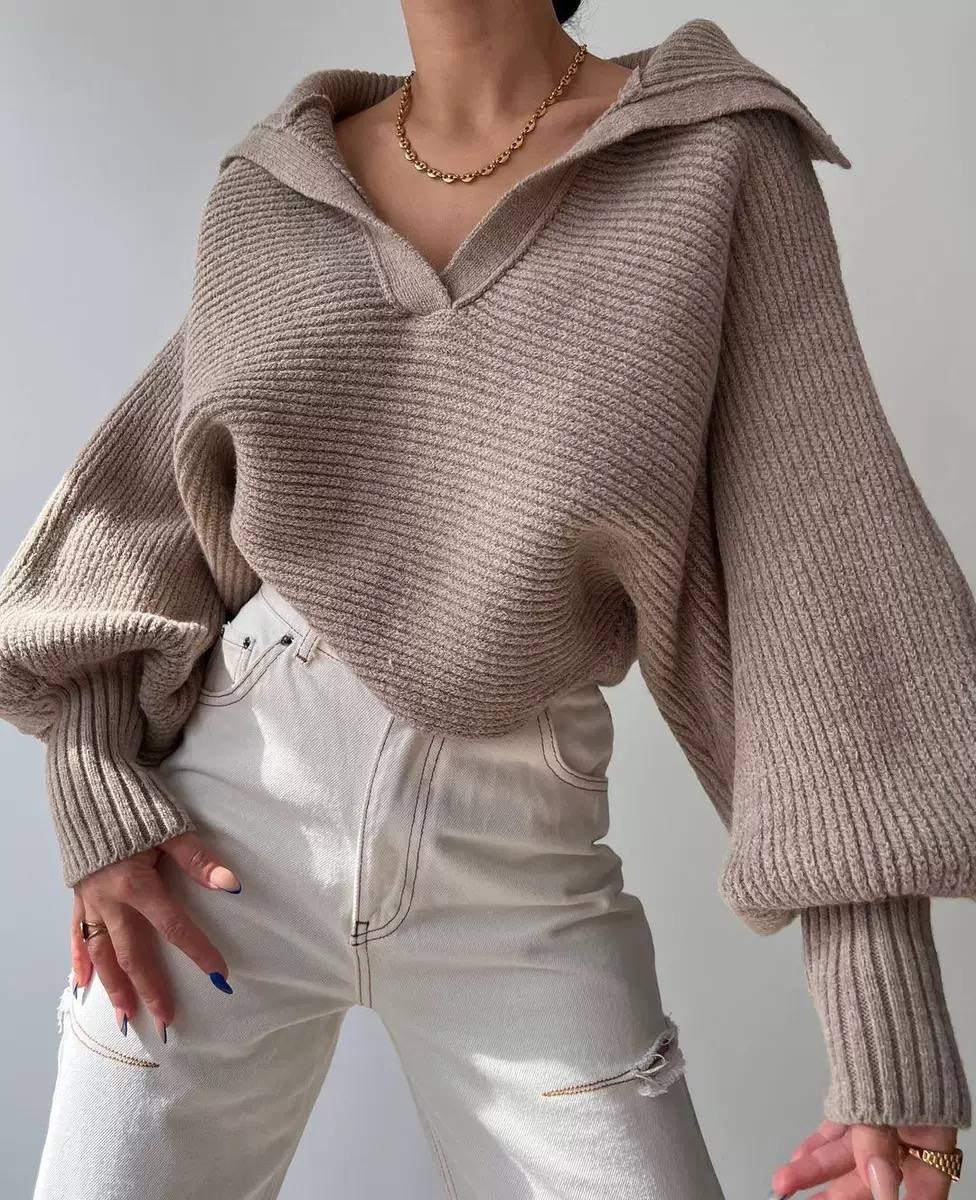 Relaxed Collared V-Neck Sweater With Balloon Sleeves – Taupe