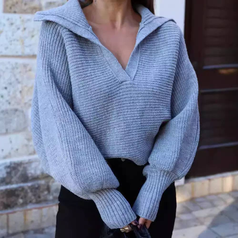 Relaxed Collared V-Neck Sweater With Balloon Sleeves – Light Blue