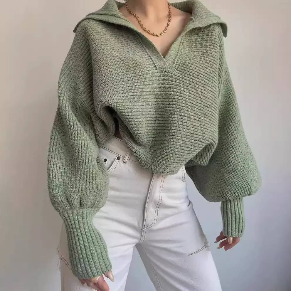 Relaxed Collared V-Neck Sweater With Balloon Sleeves – Sage Green