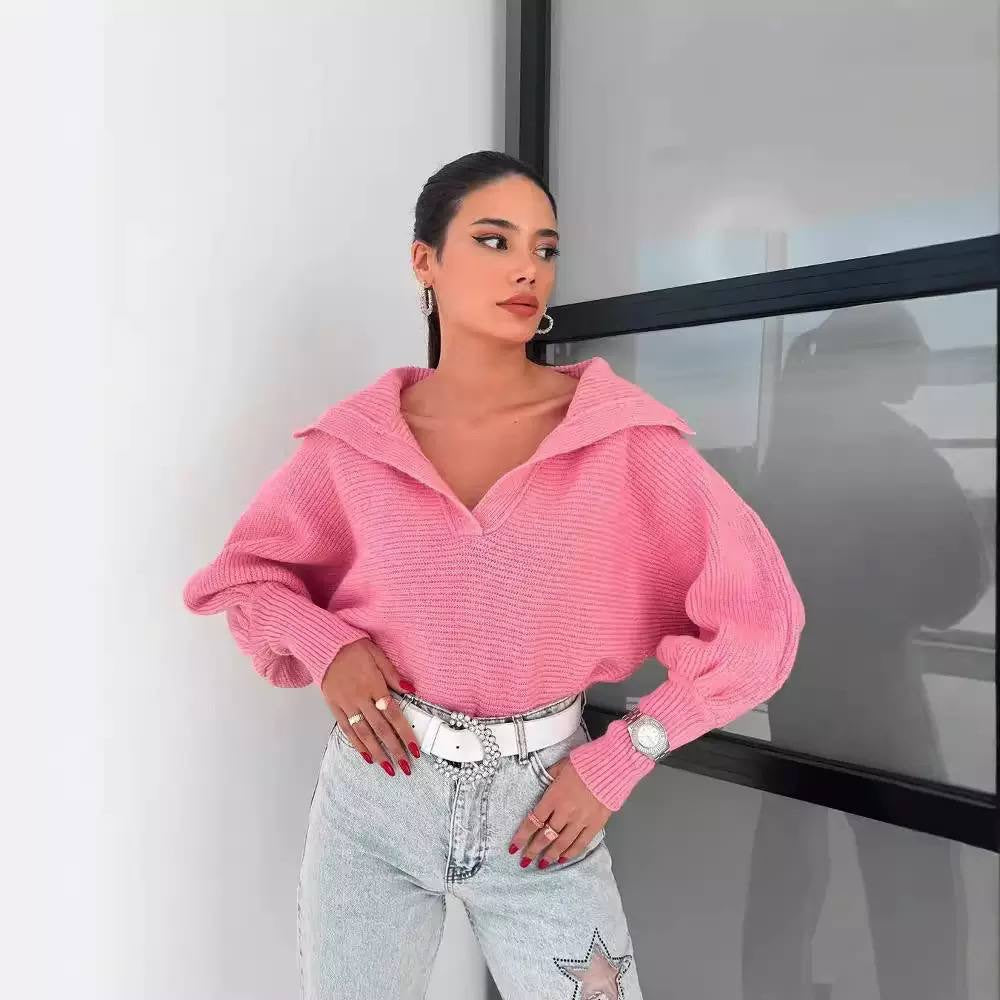 Relaxed Collared V-Neck Sweater With Balloon Sleeves – Pink