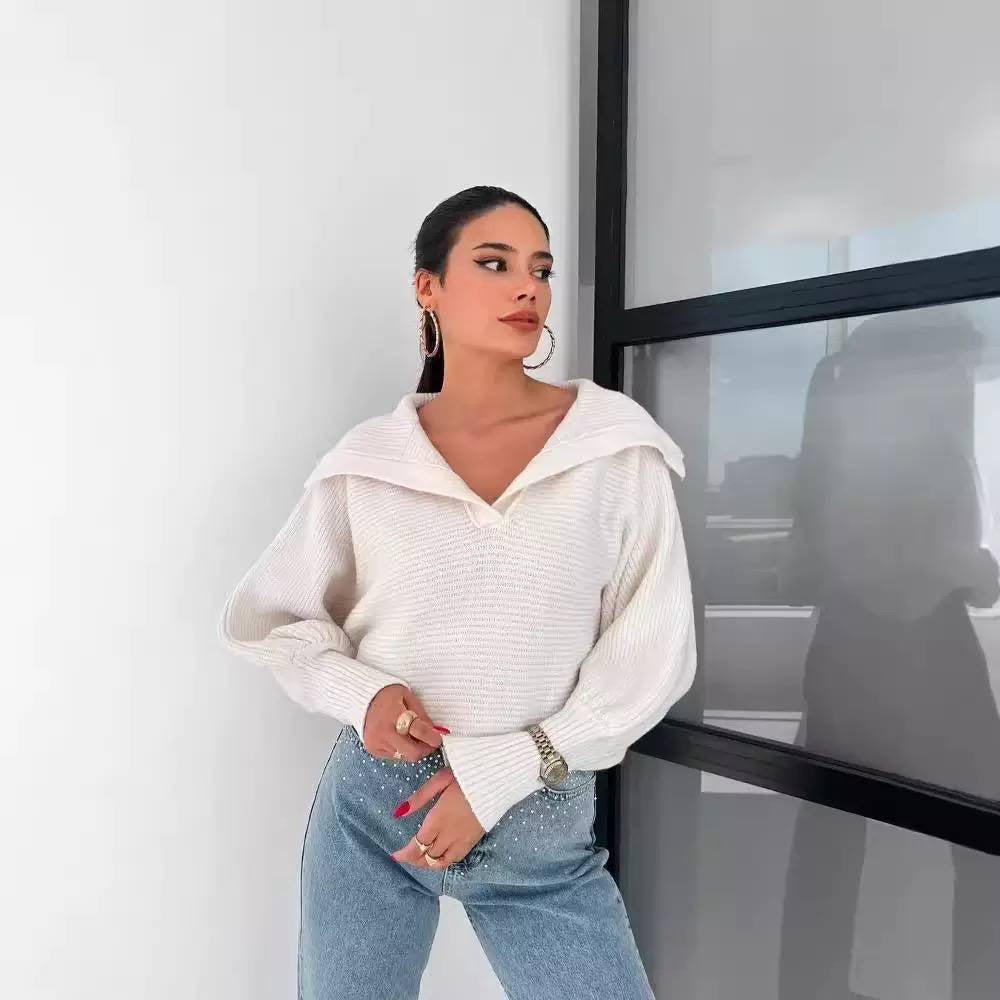 Relaxed Collared V-Neck Sweater With Balloon Sleeves – White