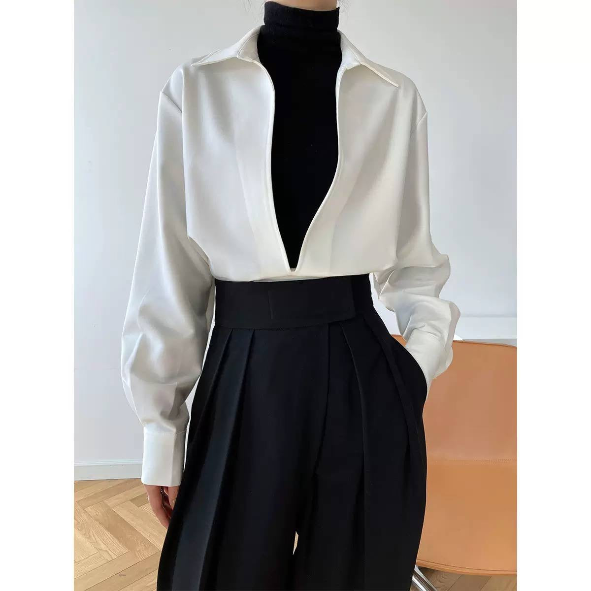 Relaxed Collared Deep V-Neck Long Sleeve Blouse – White