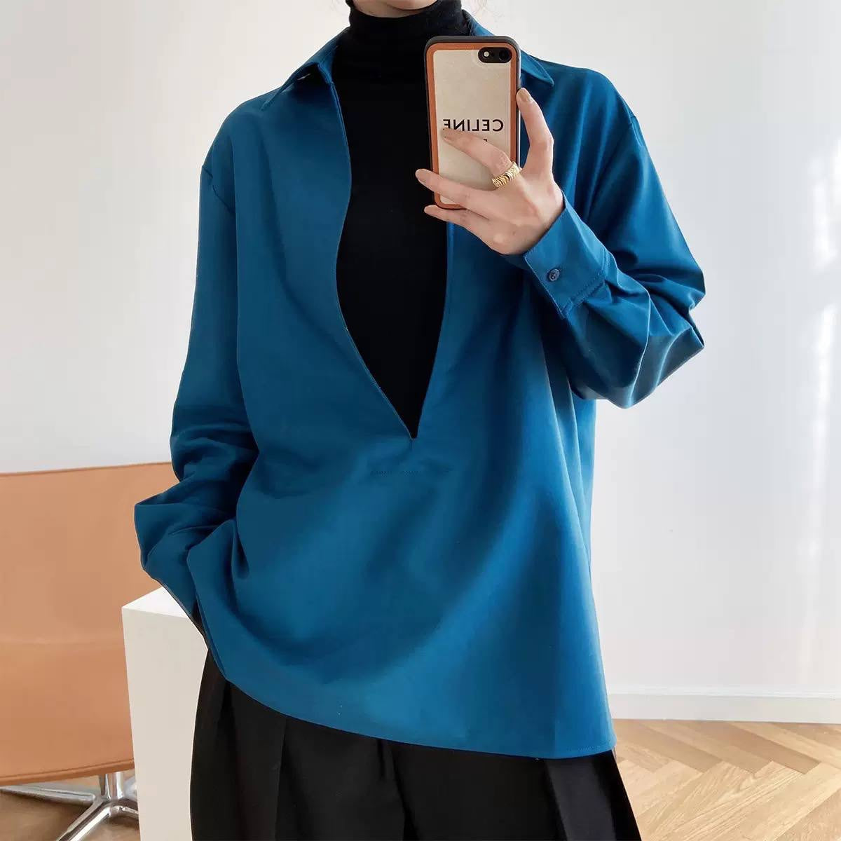 Relaxed Collared Deep V-Neck Long Sleeve Blouse – Blue