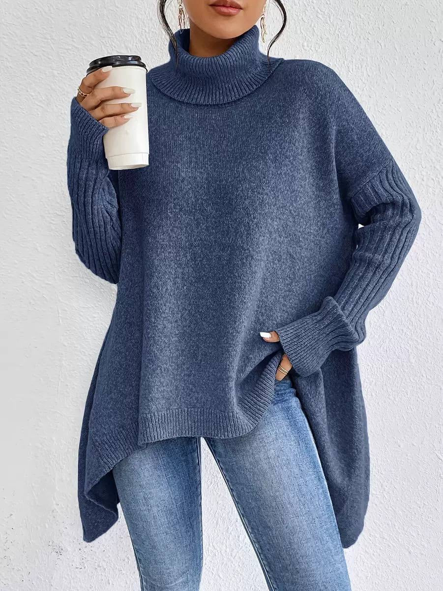 Oversized Turtleneck Sweater With Ribbed Sleeves and Asymmetric Hem – Blue