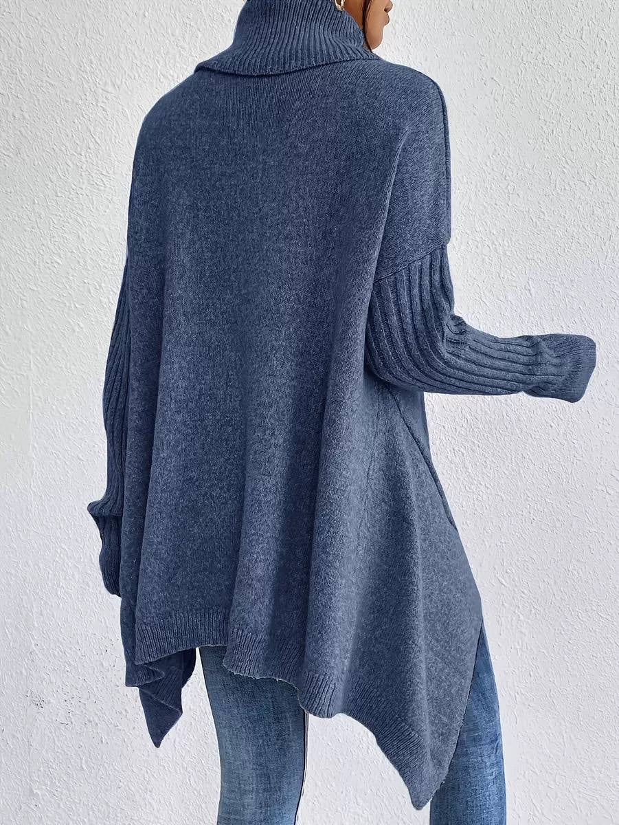 Oversized Turtleneck Sweater With Ribbed Sleeves and Asymmetric Hem – Blue