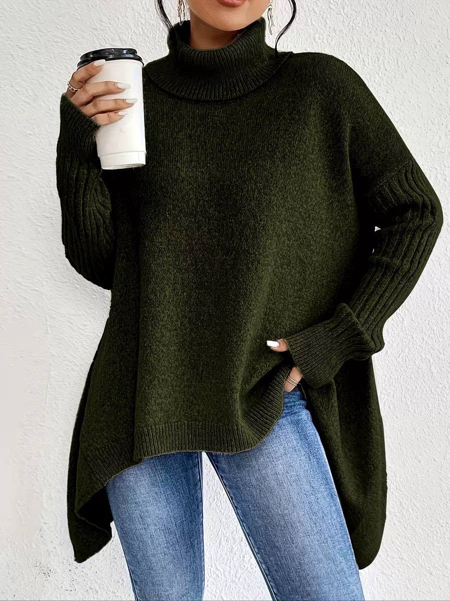 Oversized Turtleneck Sweater With Ribbed Sleeves and Asymmetric Hem – Dark Green
