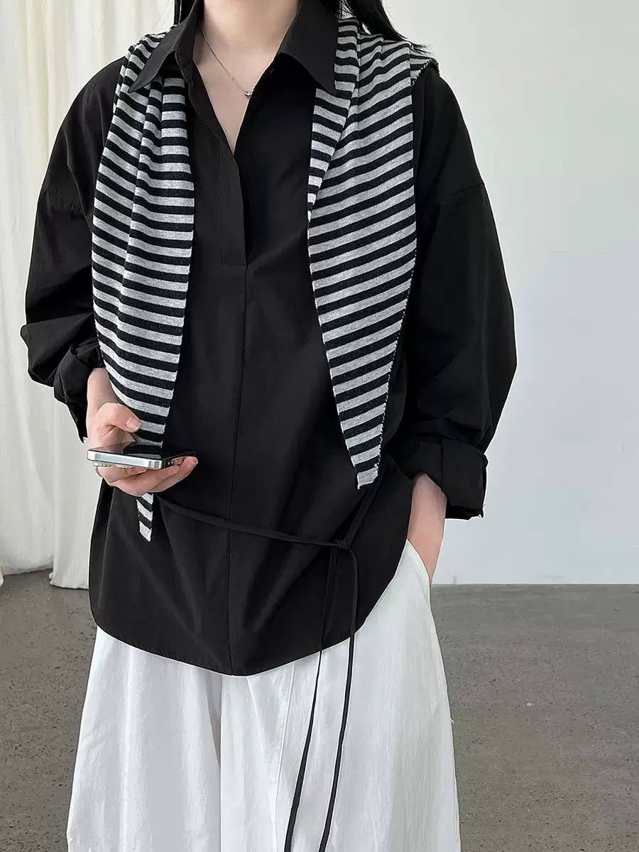 Relaxed Collared Tie-Waist Blouse With Long Sleeves – Black