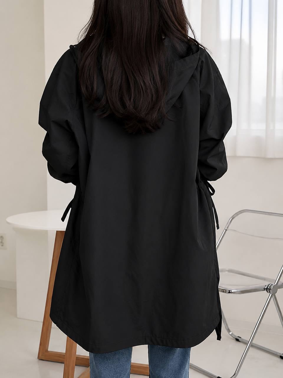 Oversized Button-Front Blouse With Long Sleeves and Side Ties – Black