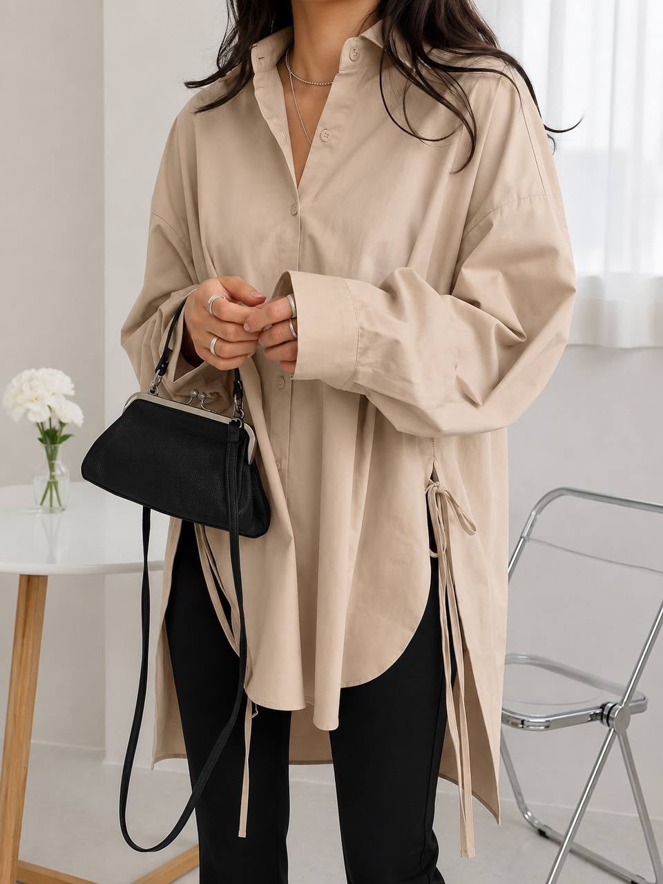 Oversized Button-Front Blouse With Long Sleeves and Side Ties – Beige