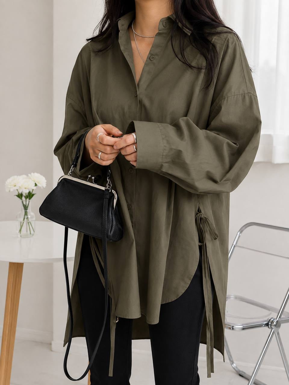 Oversized Button-Front Blouse With Long Sleeves and Side Ties – Olive Green