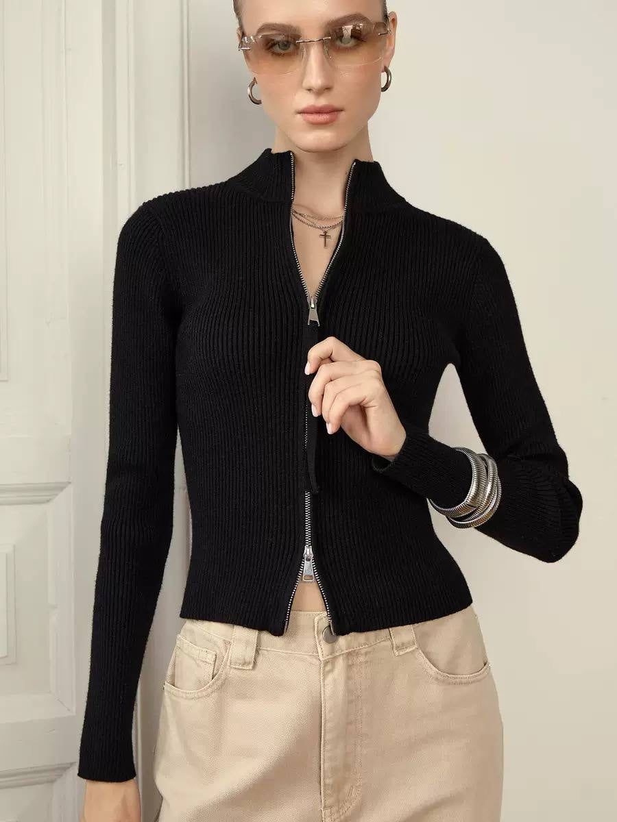 Fitted Ribbed Two-Way Zip Cardigan With Stand Collar – Black