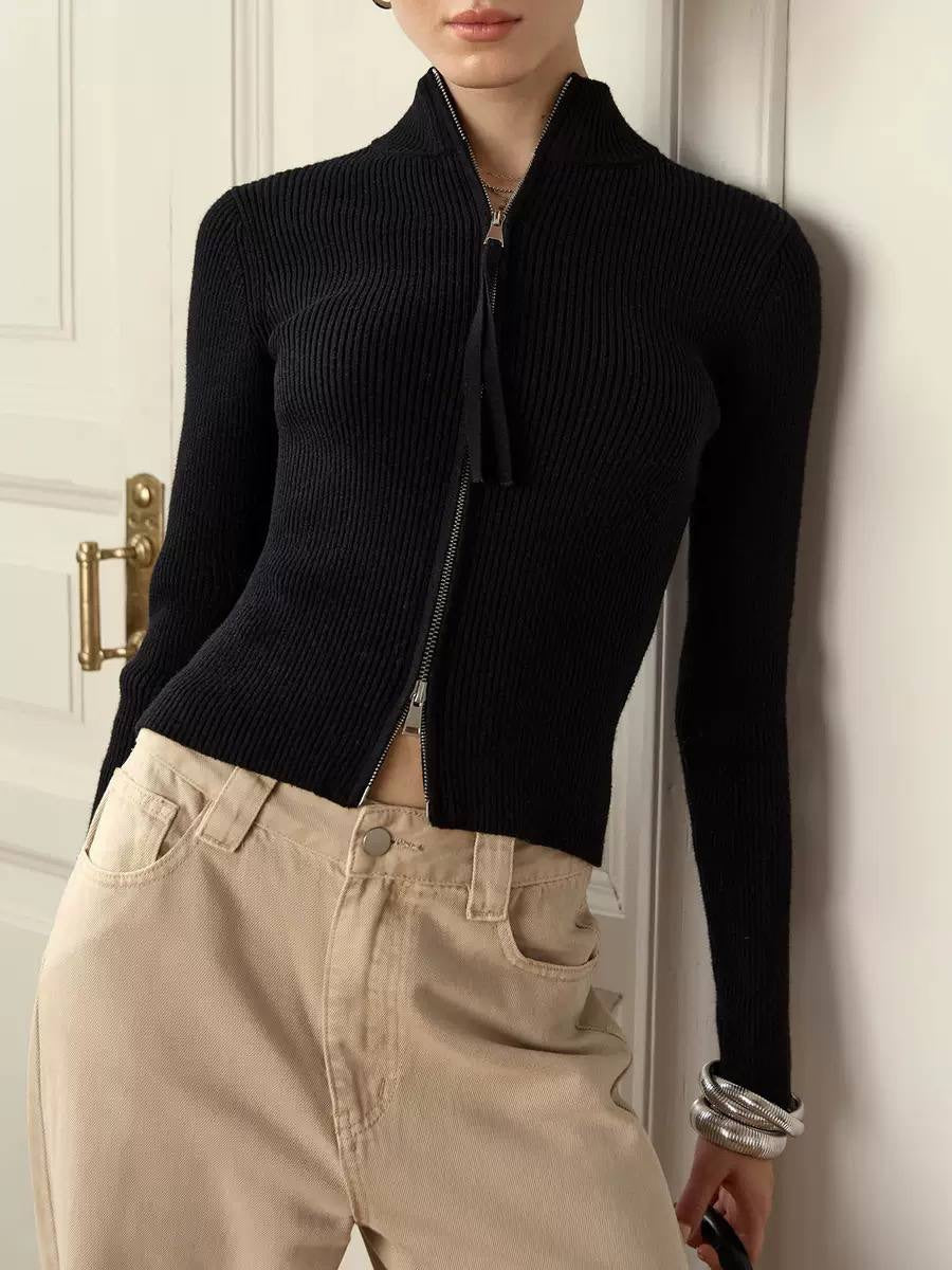 Fitted Ribbed Two-Way Zip Cardigan With Stand Collar – Black