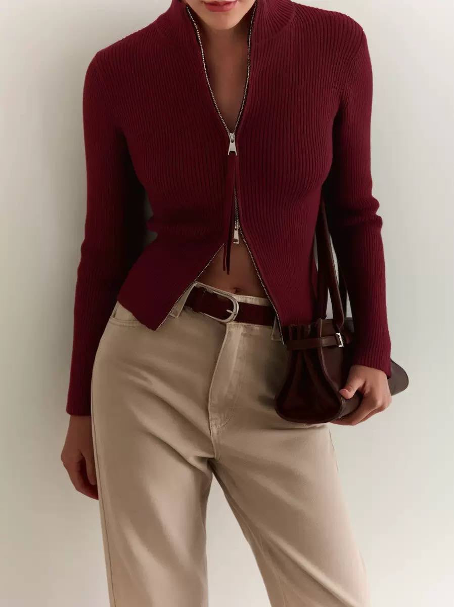 Fitted Ribbed Two-Way Zip Cardigan With Stand Collar – Burgundy