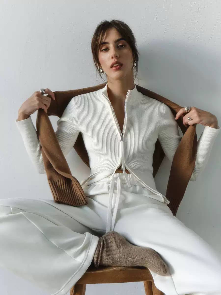 Fitted Ribbed Two-Way Zip Cardigan With Stand Collar – White