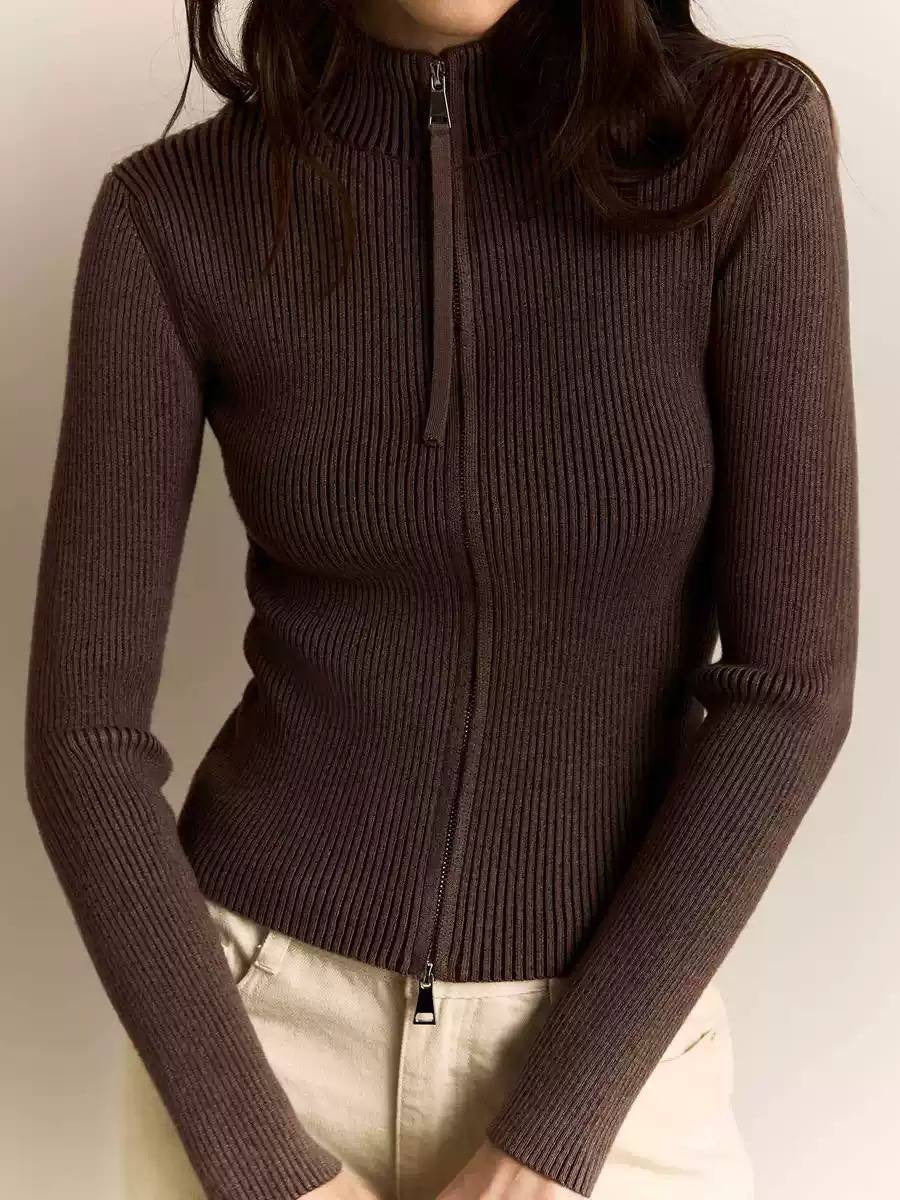 Fitted Ribbed Two-Way Zip Cardigan With Stand Collar – Brown