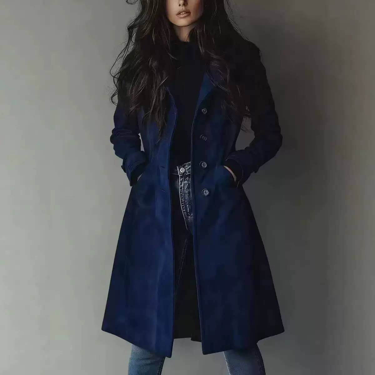 Single-Breasted Long Coat With Lapels and Pockets – Navy
