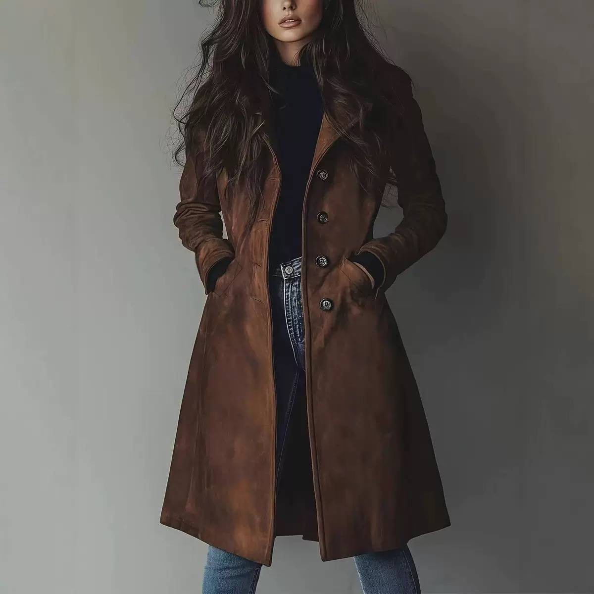 Single-Breasted Long Coat With Lapels and Pockets – Brown