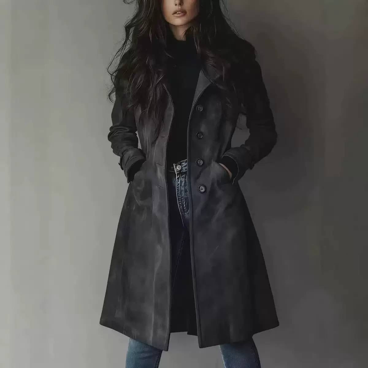 Single-Breasted Long Coat With Lapels and Pockets – Black