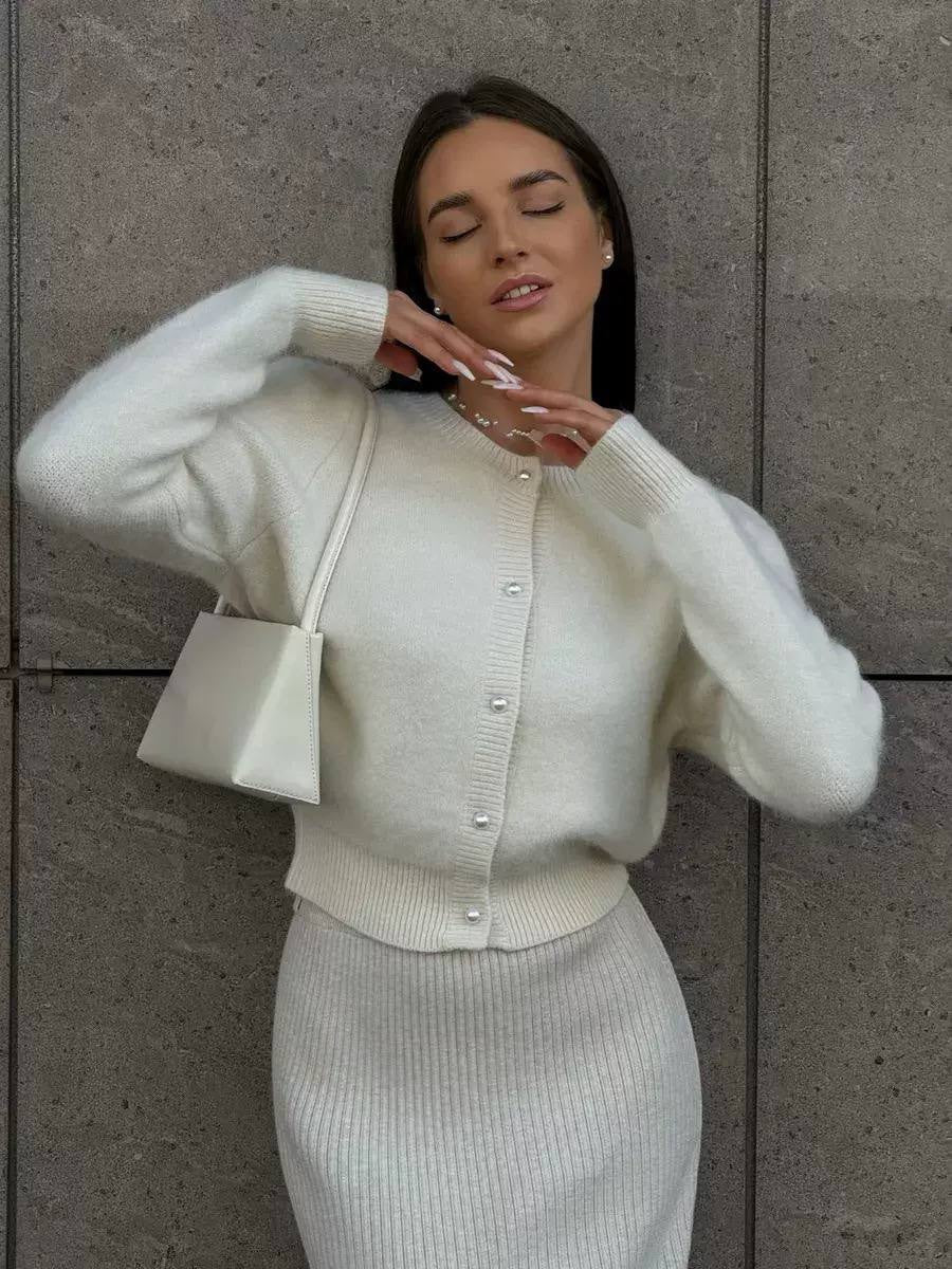 Round Neck Button-Front Cardigan With Puff Shoulder Sleeves – Cream