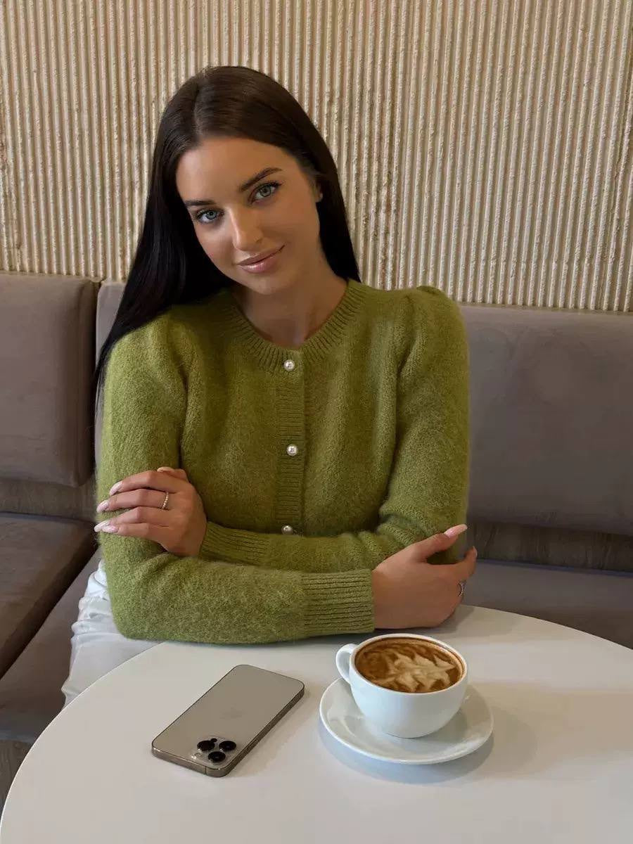 Round Neck Button-Front Cardigan With Puff Shoulder Sleeves – Olive Green