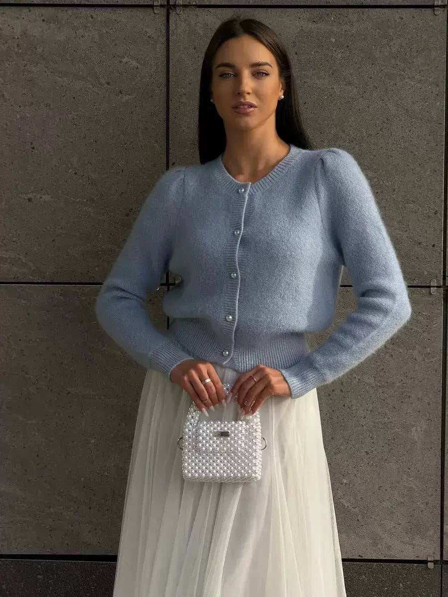Round Neck Button-Front Cardigan With Puff Shoulder Sleeves – Light Blue