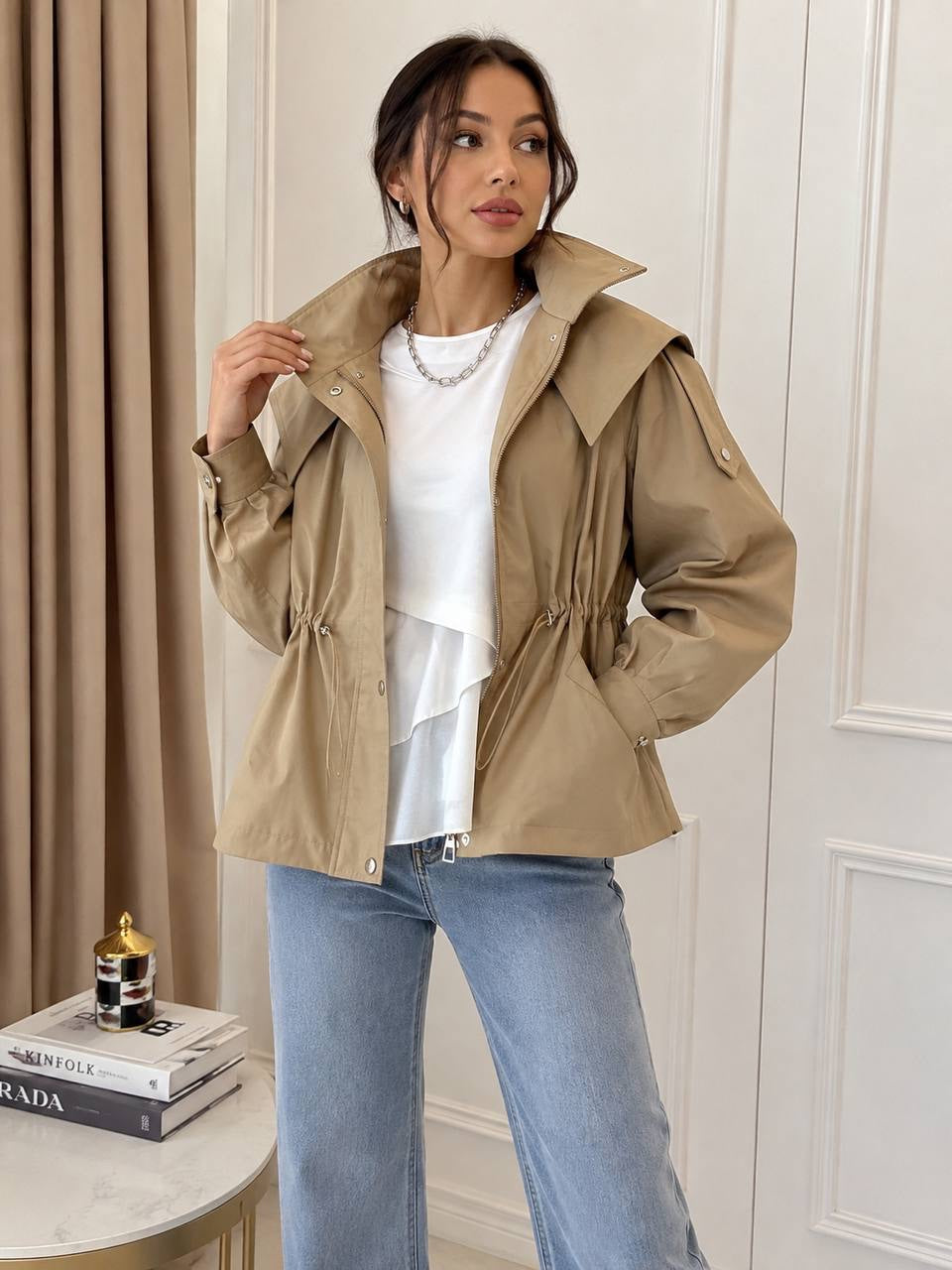 Drawstring Waist Jacket With Oversized Collar and Pockets – Beige