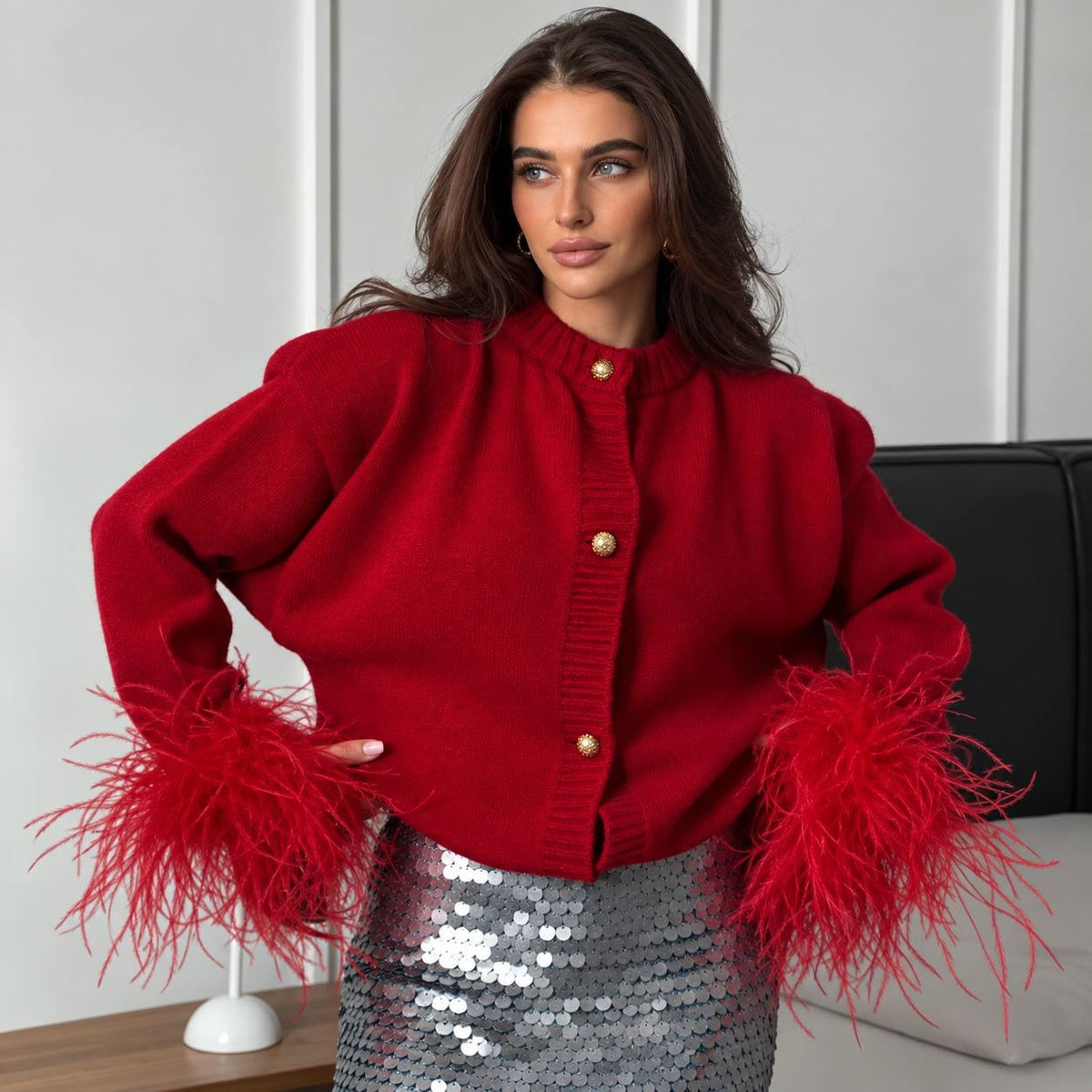 Round Neck Button-Front Cardigan With Feather-Look Cuffs – Red