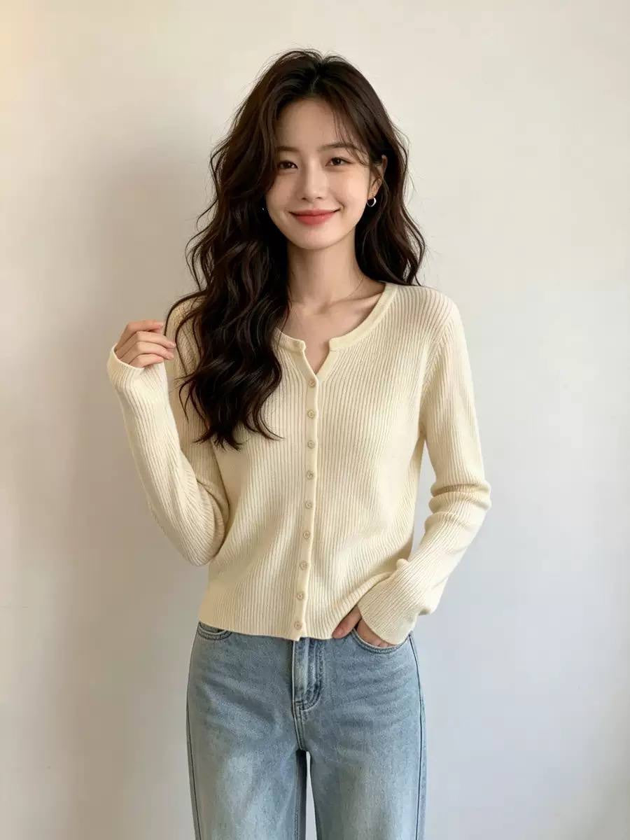 Ribbed Button-Front Cardigan With Long Sleeves – Cream