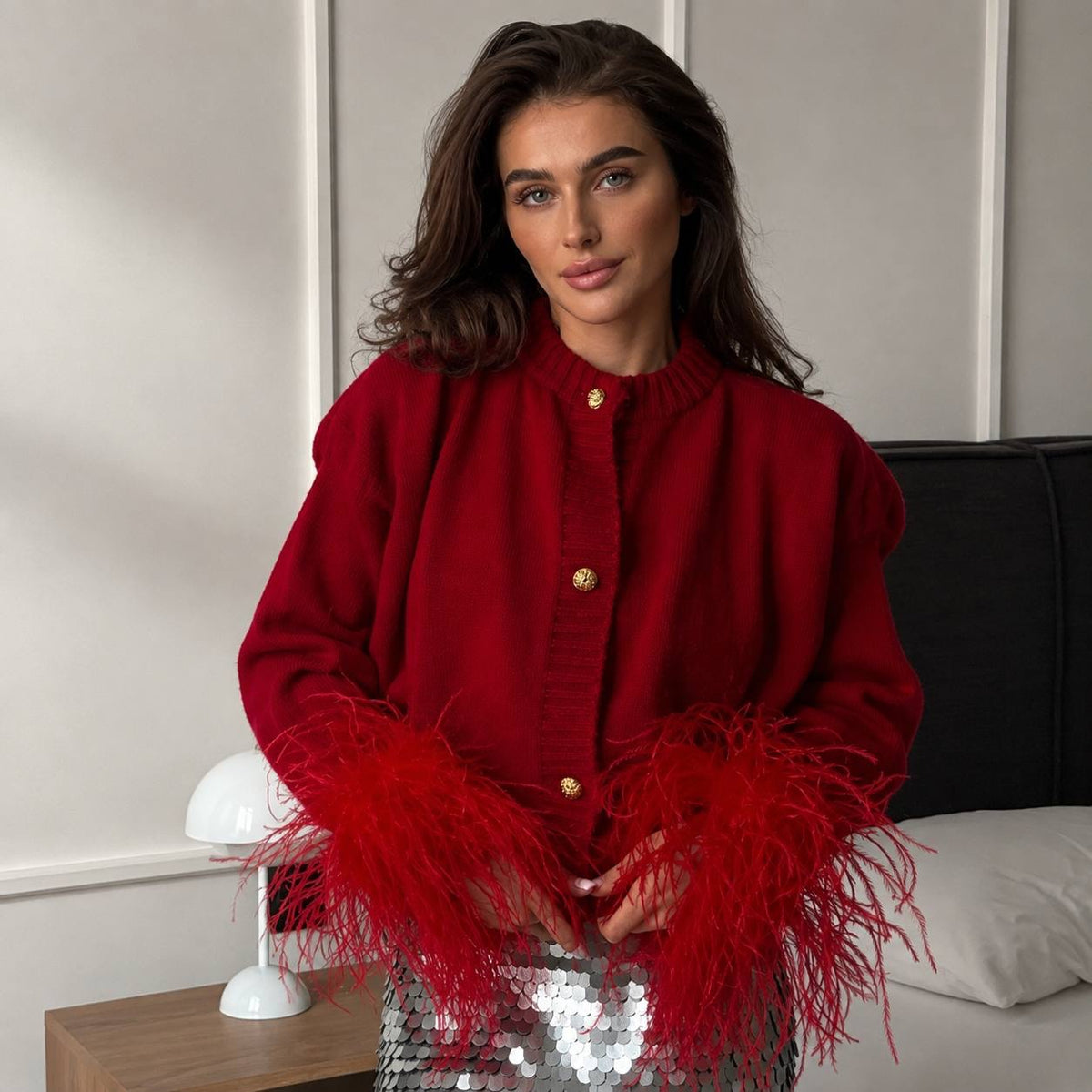 Round Neck Button-Front Cardigan With Feather-Look Cuffs – Red