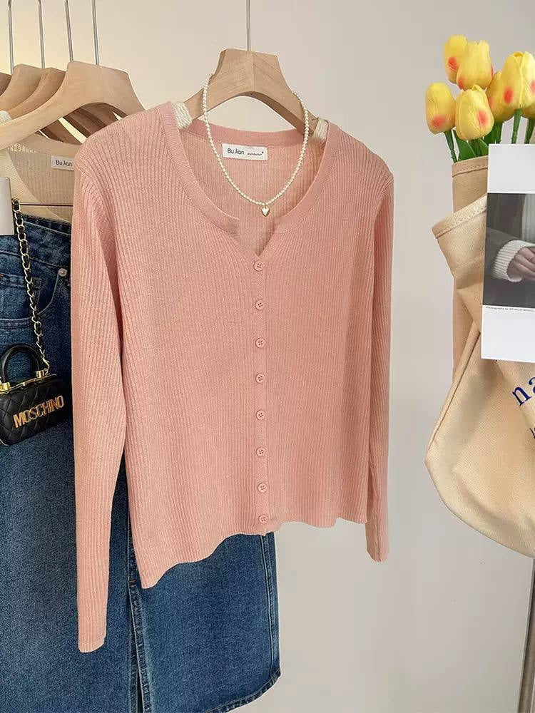 Ribbed Button-Front Cardigan With Long Sleeves – Light Pink