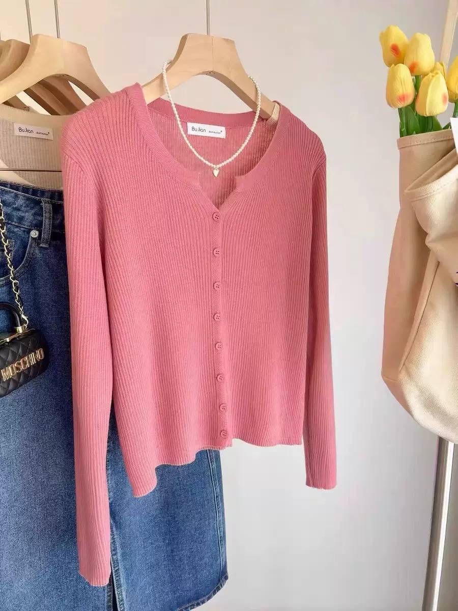 Ribbed Button-Front Cardigan With Long Sleeves – Pink