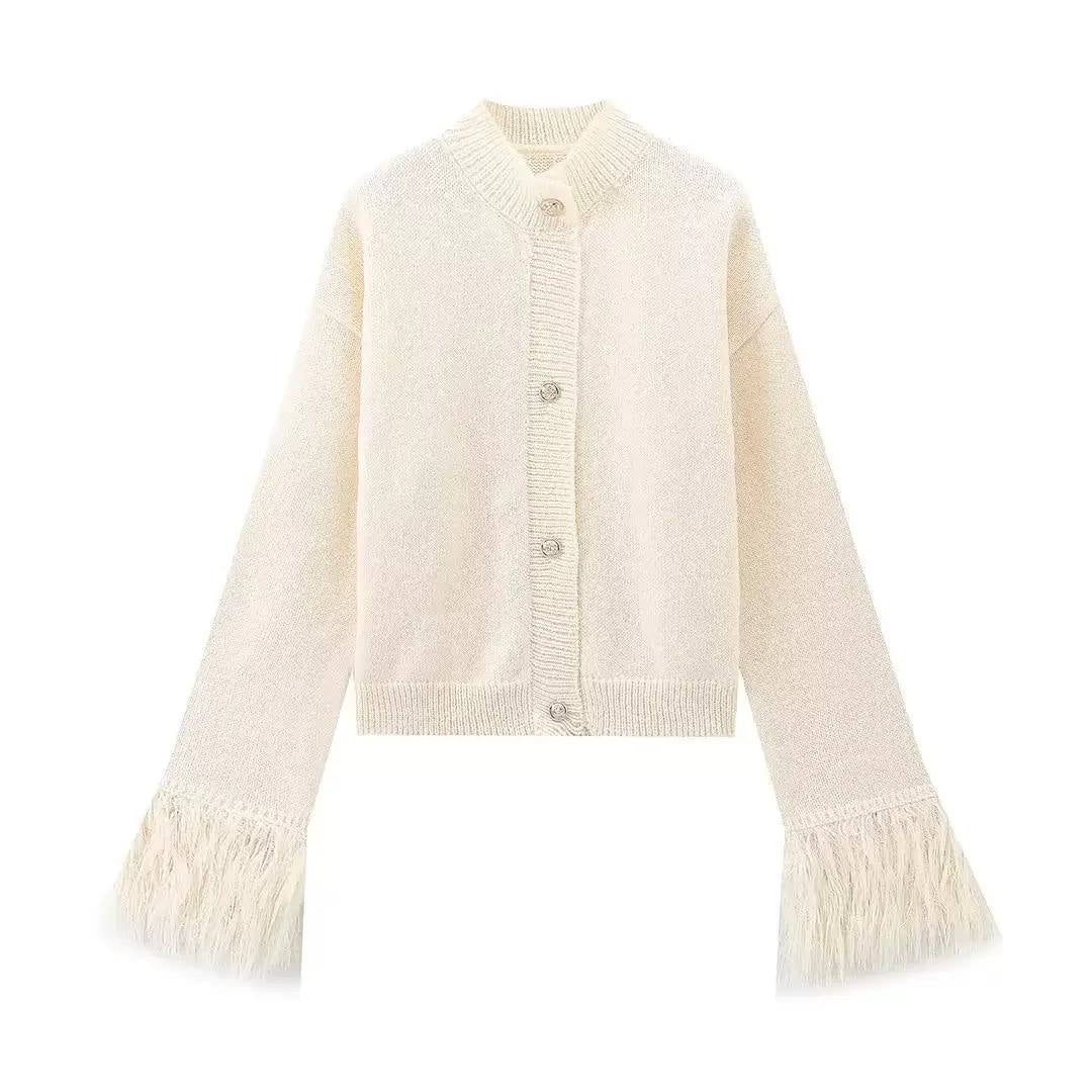 Round Neck Button-Front Cardigan With Feather-Look Cuffs – Cream