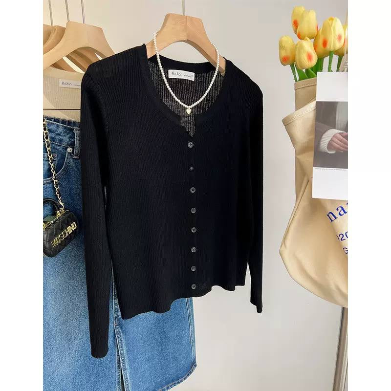 Ribbed Button-Front Cardigan With Long Sleeves – Black