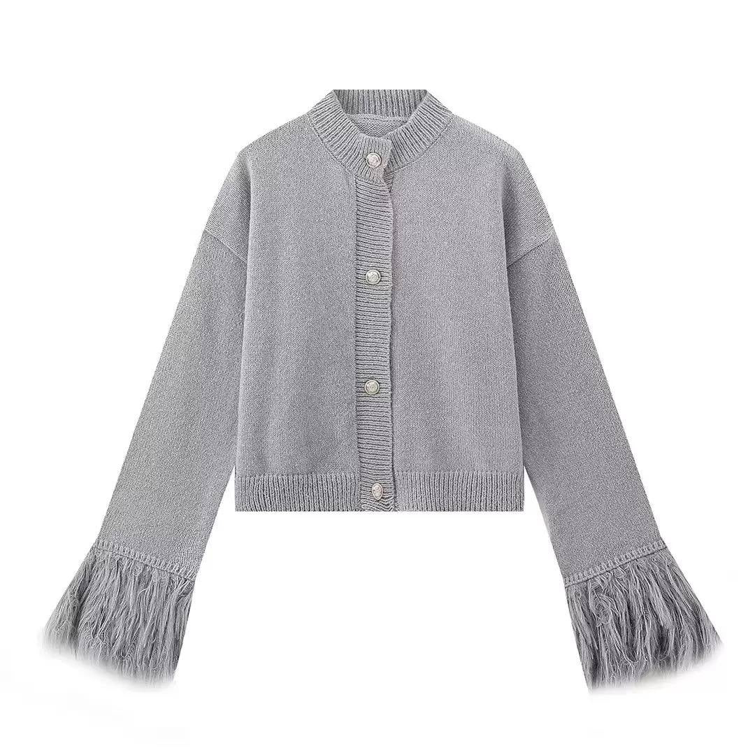 Round Neck Button-Front Cardigan With Feather-Look Cuffs – Grey