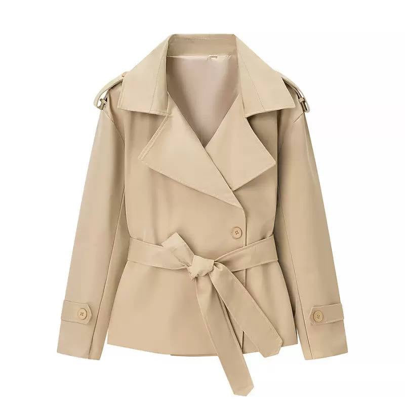 Belted Short Trench Jacket With Wide Notched Lapels – Beige