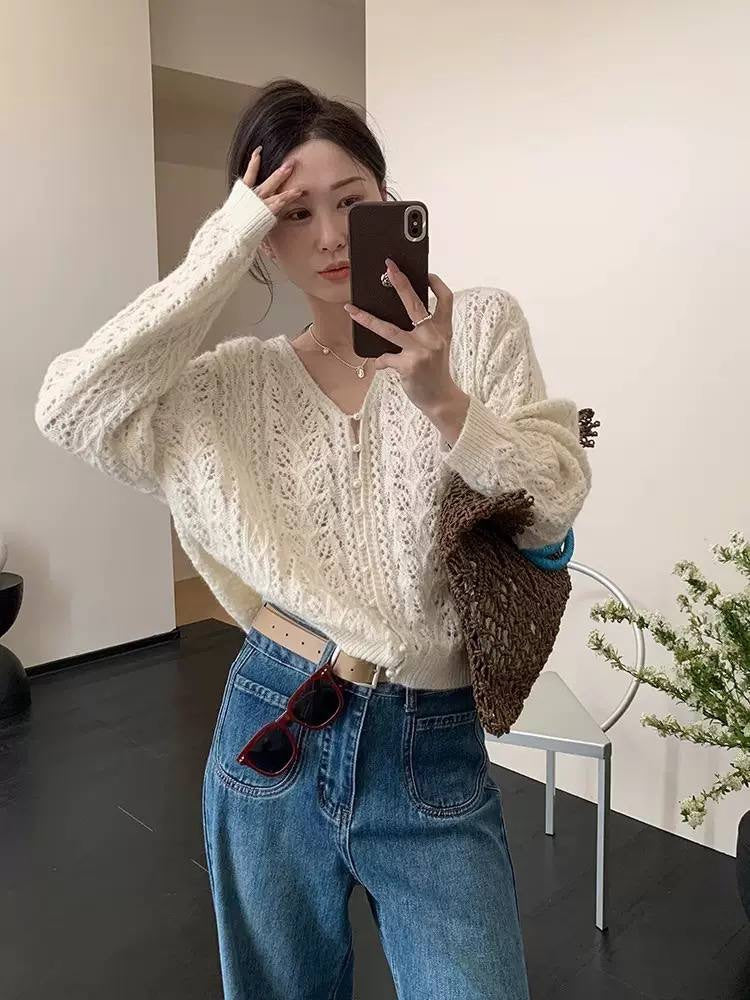 Openwork V-Neck Button-Front Cardigan With Long Sleeves – Cream